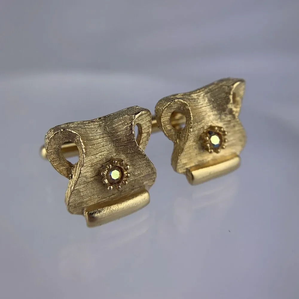Aurora Borealis Rhinestone Gold Tone Cufflinks Modernist Lyre Unique Vintage
